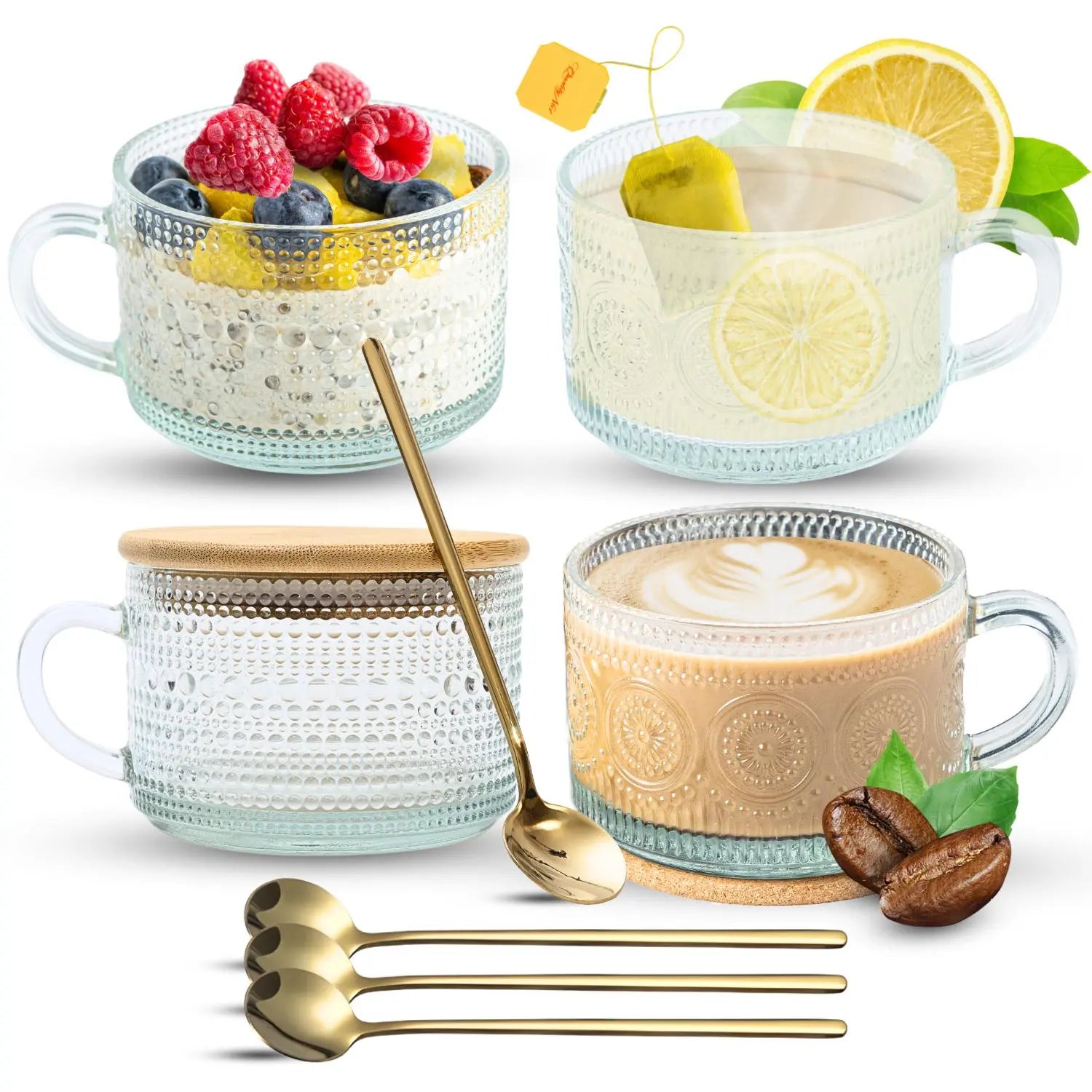 Set of 4 Vintage Glass Mugs with Bamboo Lids – Scoozee