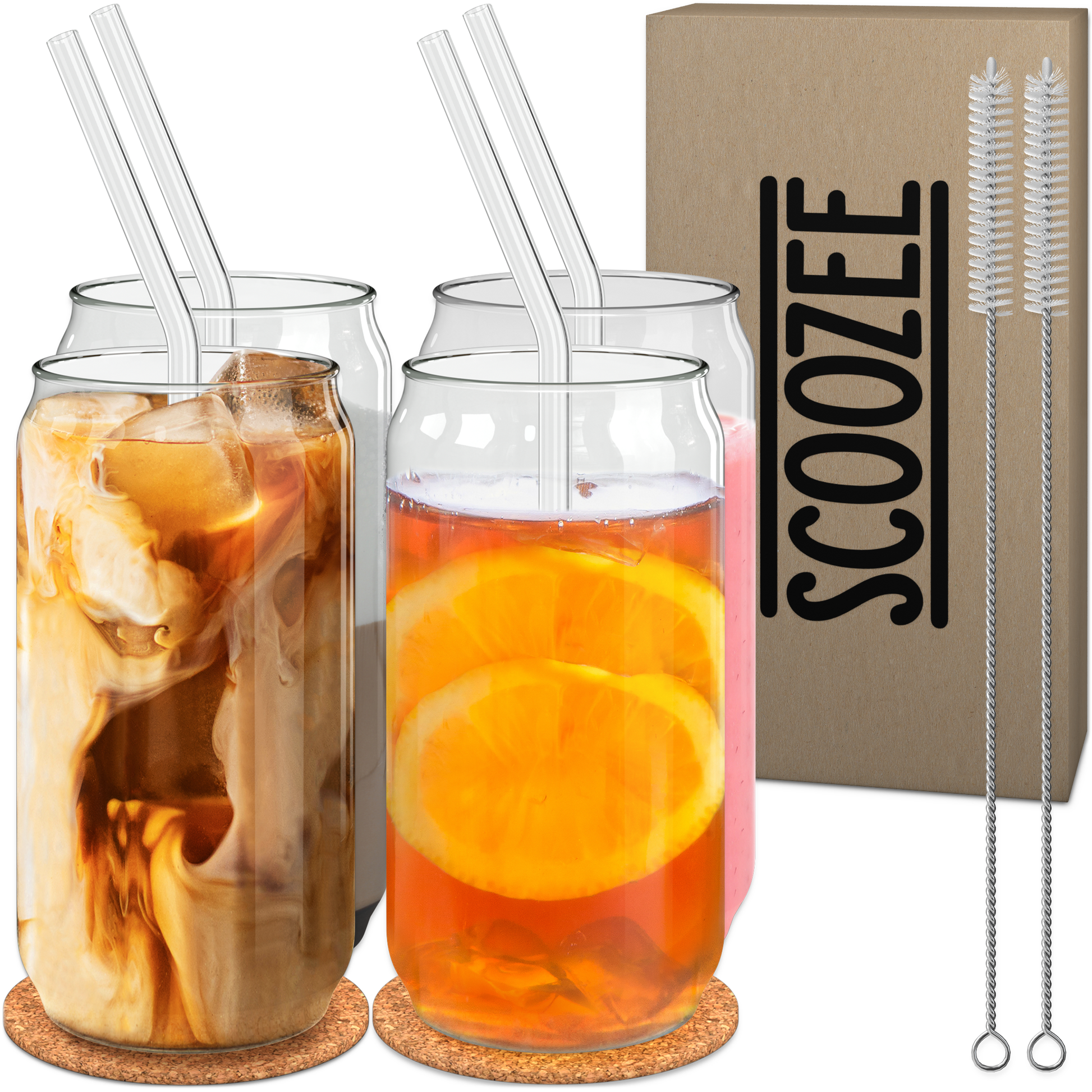 4 Scoozee Drinking Glasses w/ Glass Straws 16 oz BPA-Free Tumblers W/  Coasters