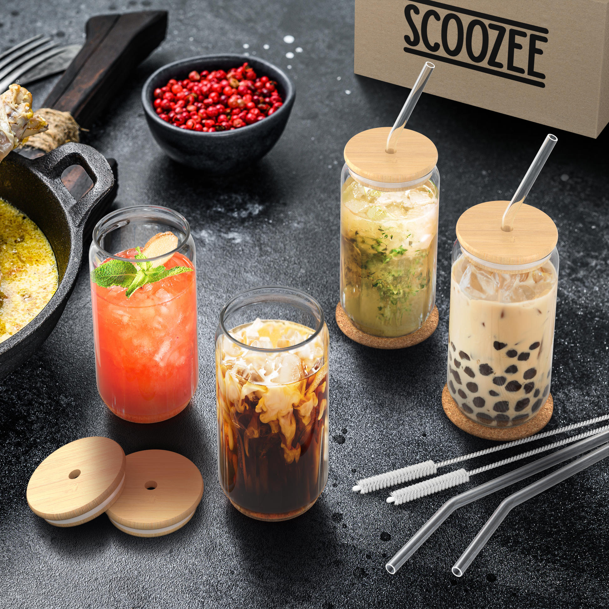 Drinking Glasses With Bamboo Lids And Straws, Glass Tumblers, Ice